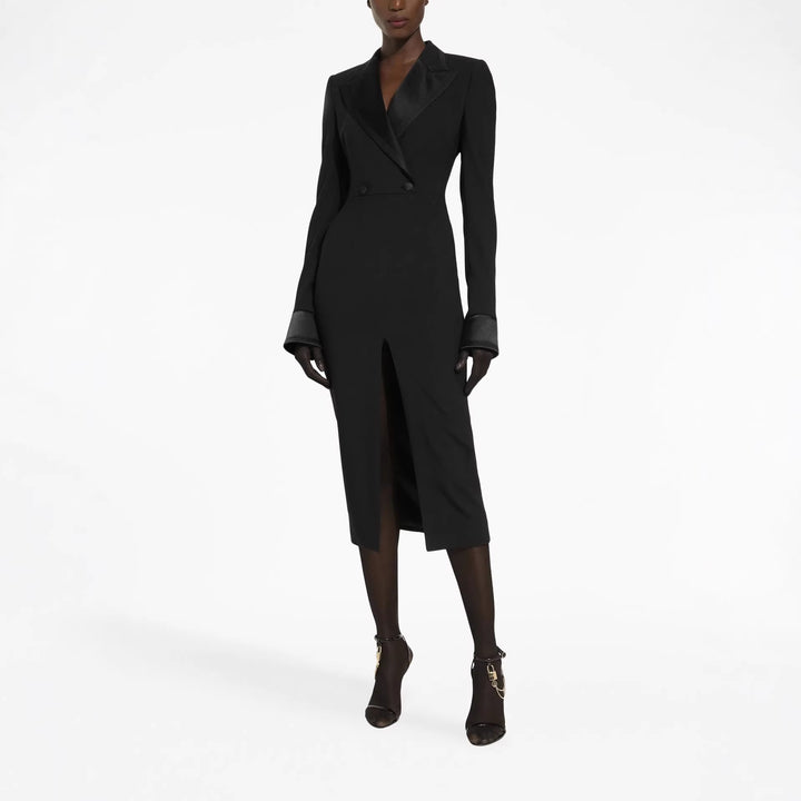 Damen Tailliertes Blazerkleid im Longcut mit Satinrevers und Frontschlitz Drune