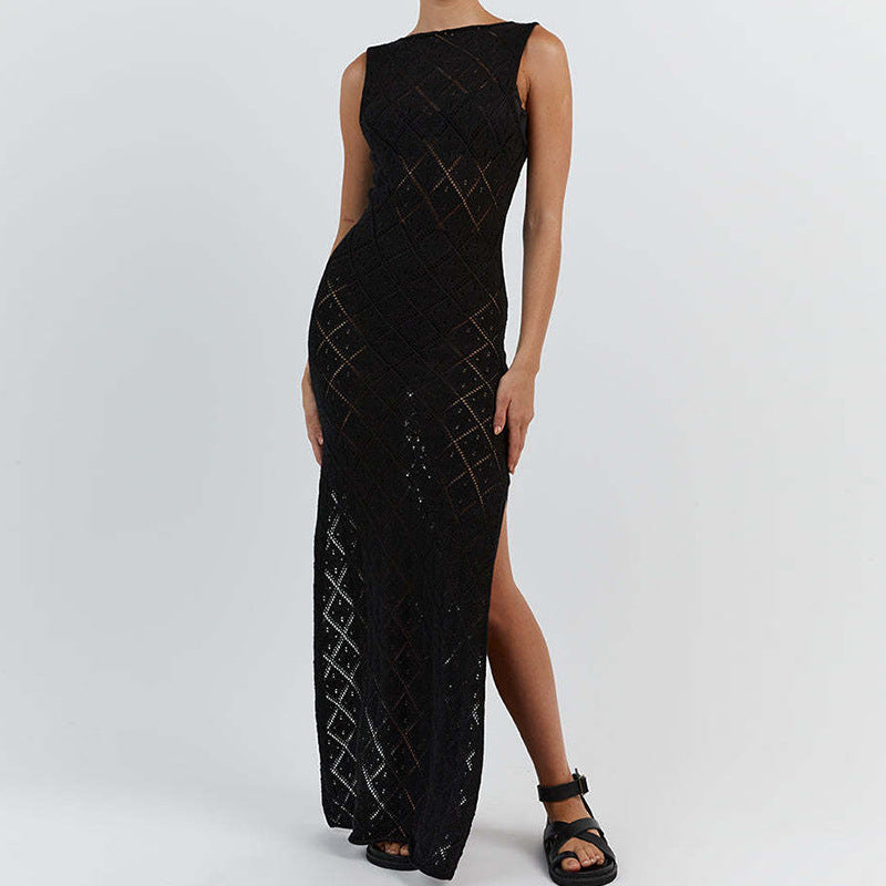 Damen Häkelkleid mit kreativem Rautenmuster und ärmellosem Schnitt Drune