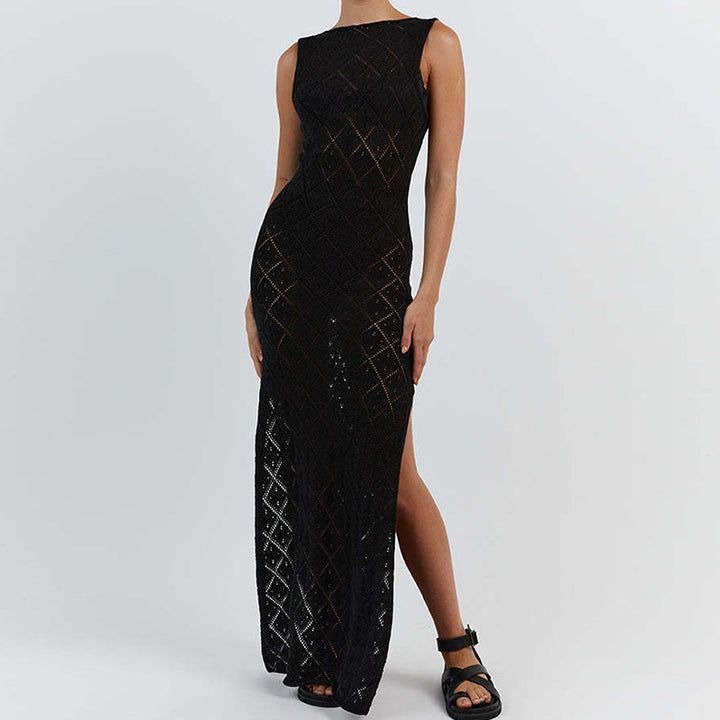 Damen Häkelkleid mit kreativem Rautenmuster und ärmellosem Schnitt Drune