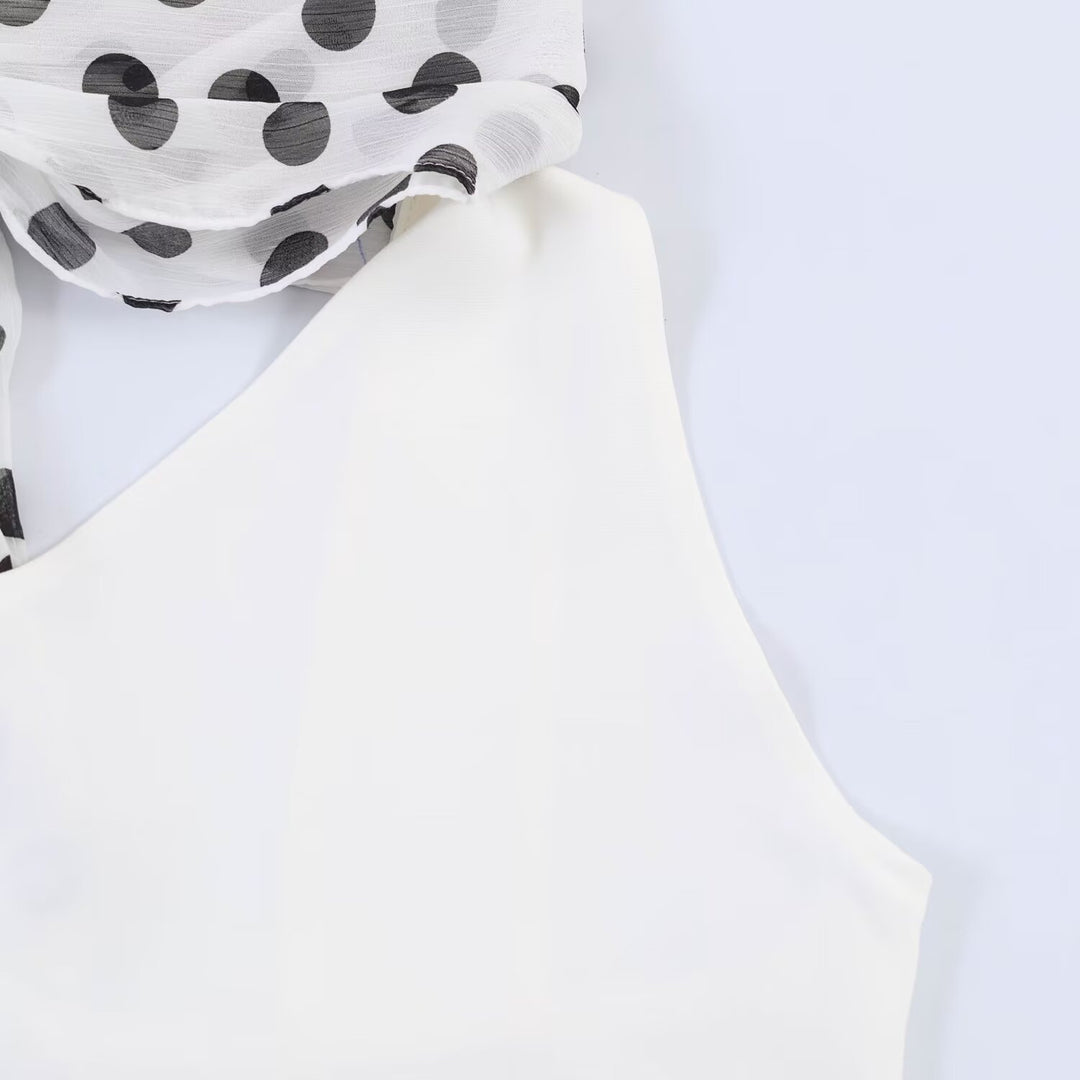 Damen Hängerkleid mit asymmetrischem Ausschnitt und stilvollem Punkteschal Drune
