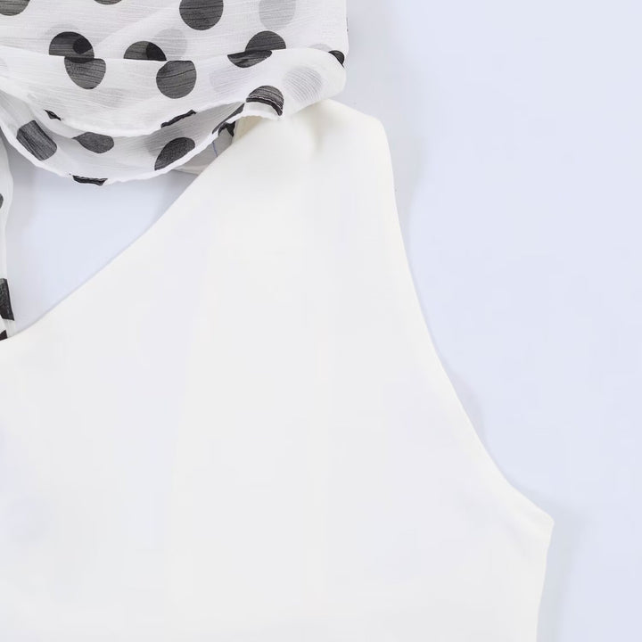 Damen Hängerkleid mit asymmetrischem Ausschnitt und stilvollem Punkteschal Drune