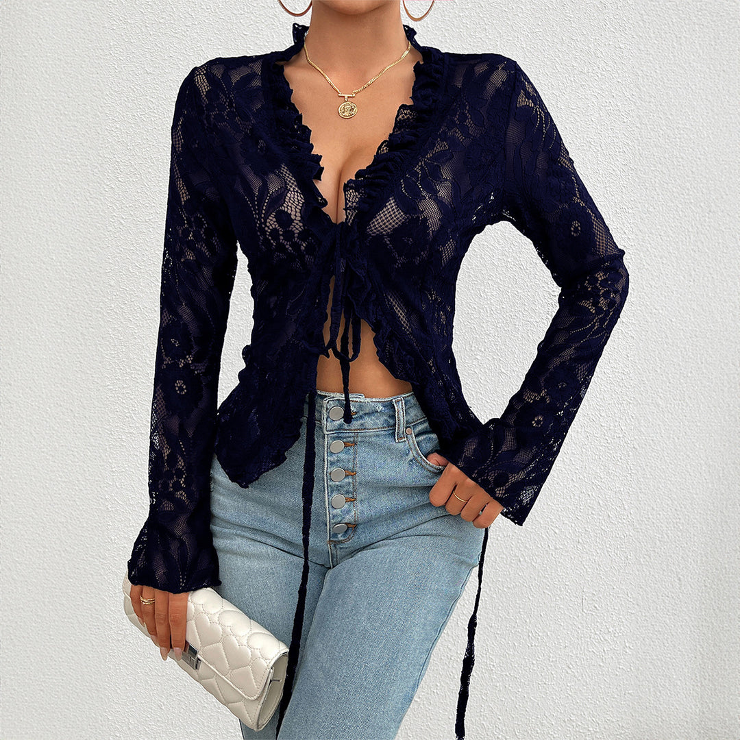 Damen Spitzenbluse mit Rüschendetails und tailliertem Schnitt Drune