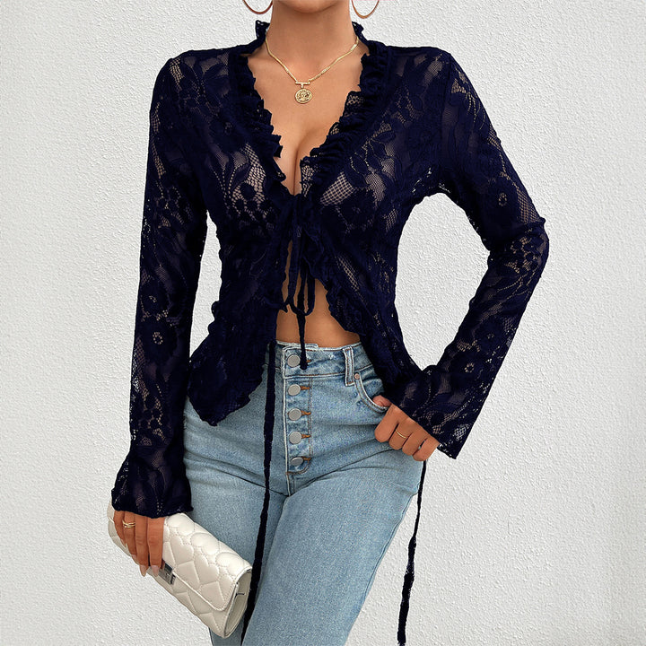 Damen Spitzenbluse mit Rüschendetails und tailliertem Schnitt Drune