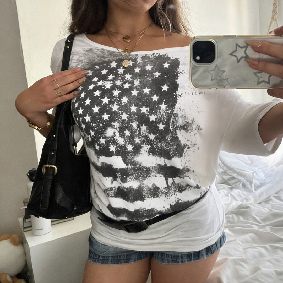 Damen lässiges T-Shirt mit kreativem Sternen-Flaggen-Design Drune