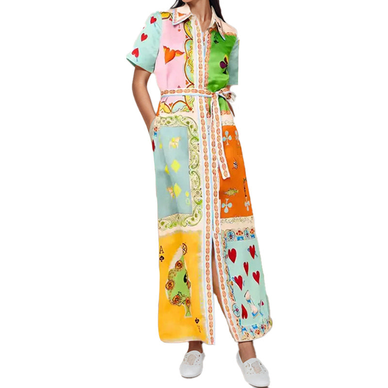 Damen Maxikleid mit buntem Patchwork-Design und taillierbarem Gürtel Drune