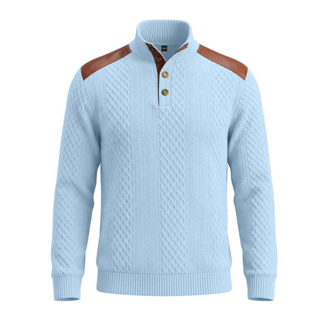 Herren Pullover mit Stehkragen, Zopfmuster und kontrastierenden Lederbesätzen Drune