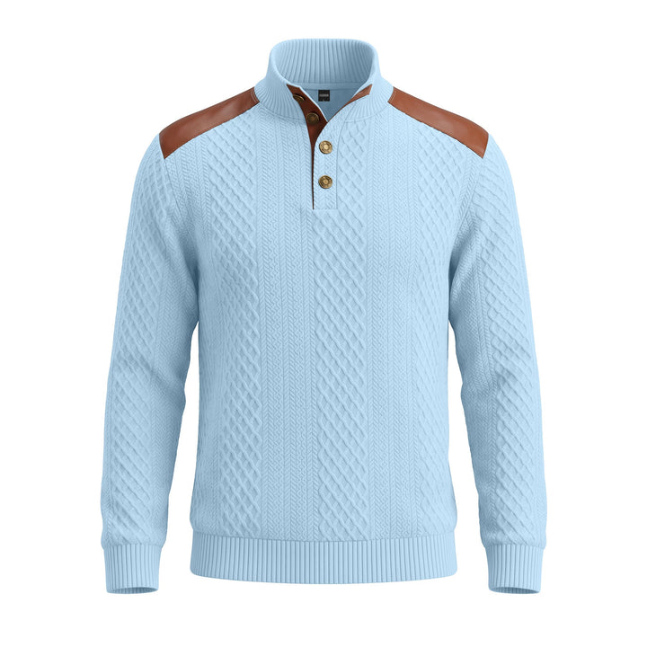 Herren Pullover mit Stehkragen, Zopfmuster und kontrastierenden Lederbesätzen Drune