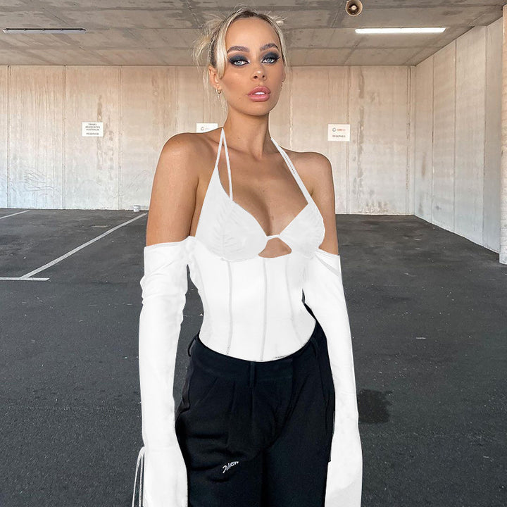 Damen Crop-Top mit transparentem Design und raffinierten Rüschenärmeln Drune