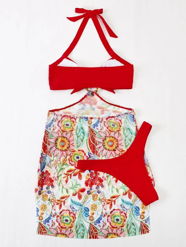 Damen Bikini-Set mit verspieltem Knotendesign und floralem Wickelrock Drune