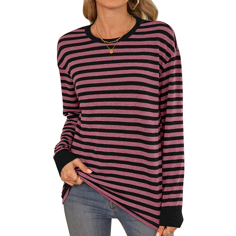 Damen bequemes Langarmshirt mit gestreiftem Design und Rundhalsausschnitt Drune