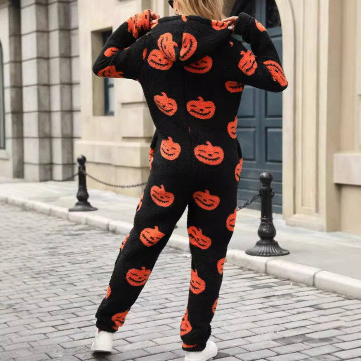 Damen Gemütlicher Halloween-Jumpsuit mit Kapuze und kuscheligem Fleece Drune