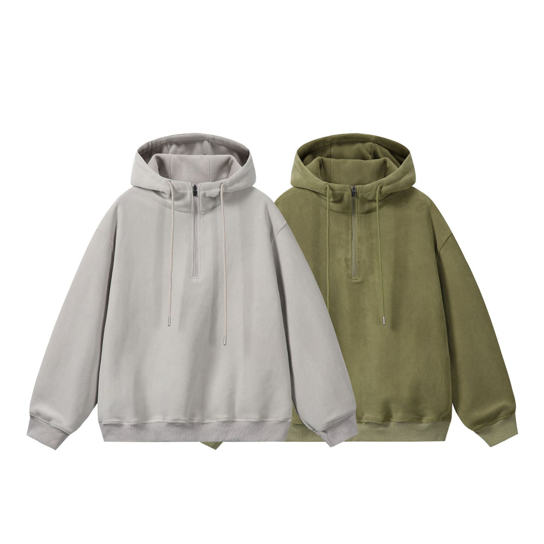 Unisex Oversize Fleece-Halbzip-Kapuzenpullover mit Kordelzug und Rippbündchen Drune
