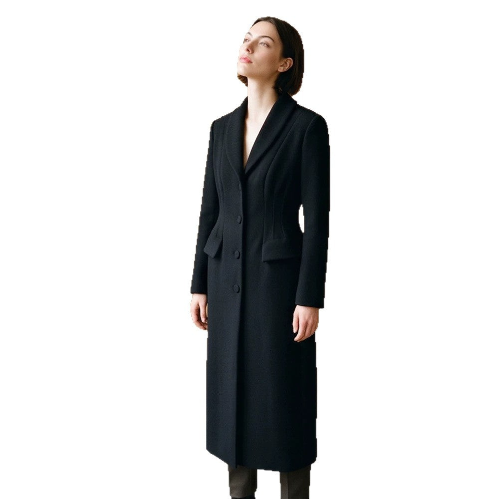 Damen Taillierter Longcoat mit Schalkragen und figurformenden Abnähern Drune
