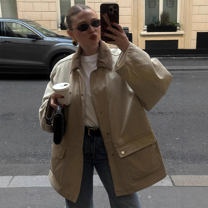 Damen Oversize-Fieldjacke mit Cordkragen, großen Pattentaschen und Druckknopfverschluss Drune