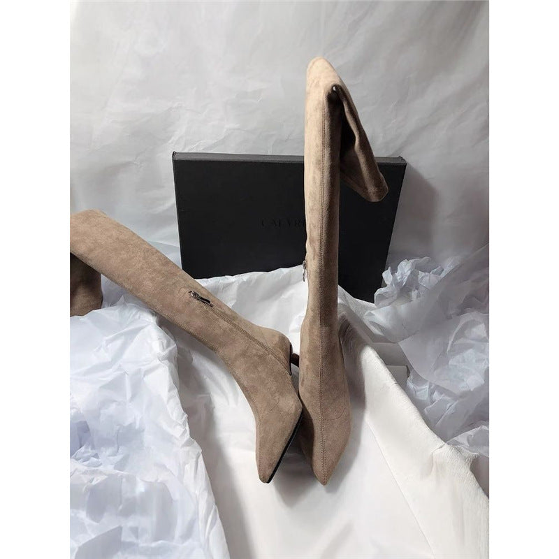 Damen Kniestiefel mit Umschlagschaft, spitzer Zehenform und Kitten‑Absatz Drune