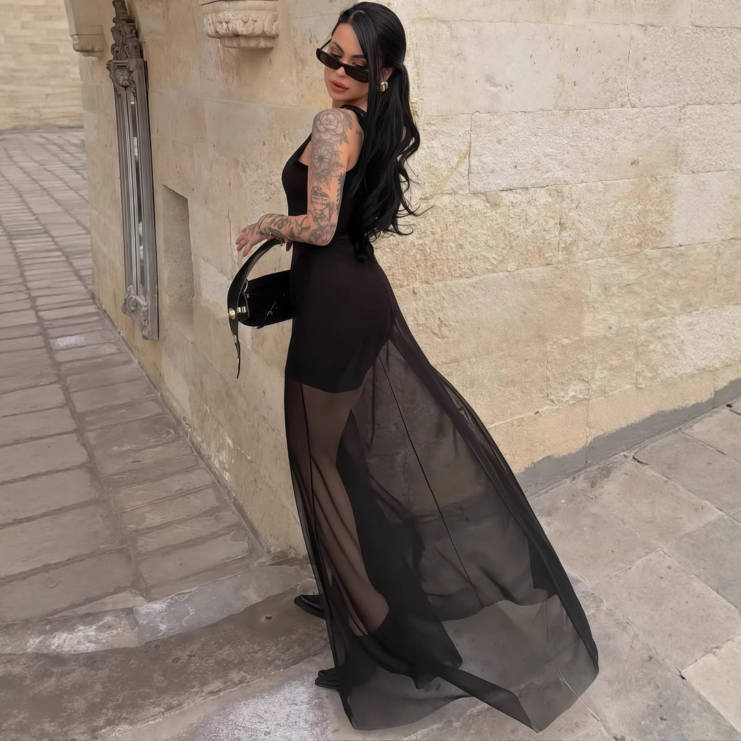 Damen Elegantes Maxi-Kleid mit transparentem Chiffon-Überwurf und figurbetontem Inneren Drune