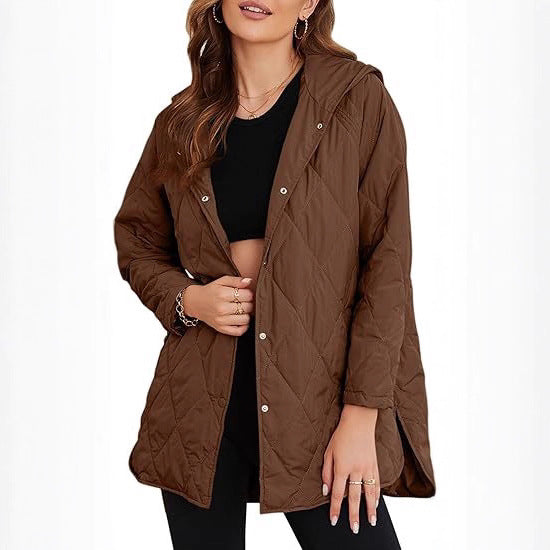 Damen gesteppte Kapuzenjacke mit Oversize-Schnitt, Druckknopfverschluss und Seitenschlitzen Drune