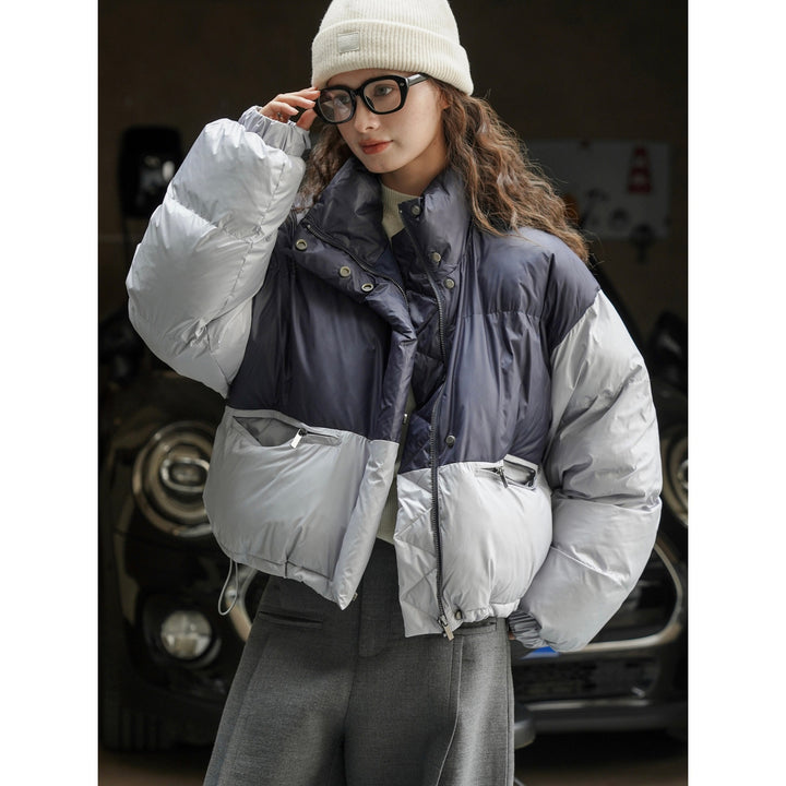 Damen Kurze Stepp‑Pufferjacke mit Colorblock, hoher Stehkragen und Kordelzug Drune