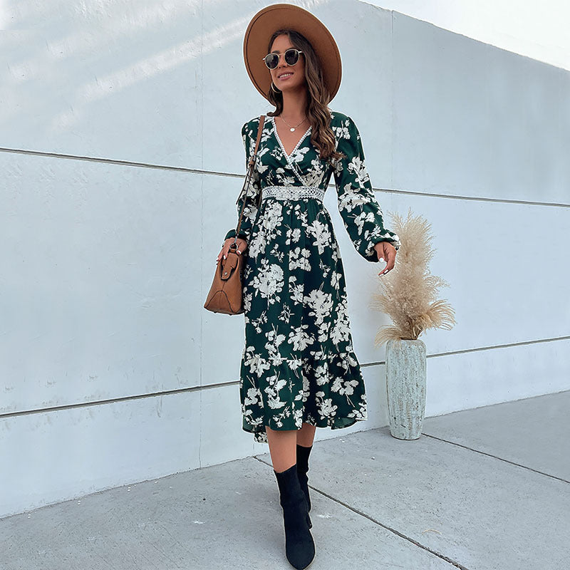 Damen Wickel-Midikleid im Boho-Stil mit Spitzenpasse, Häkel-Taillenband & seitlichem Beinschlitz Drune