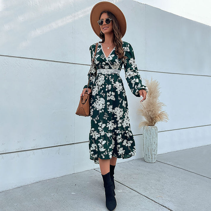 Damen Wickel-Midikleid im Boho-Stil mit Spitzenpasse, Häkel-Taillenband & seitlichem Beinschlitz Drune