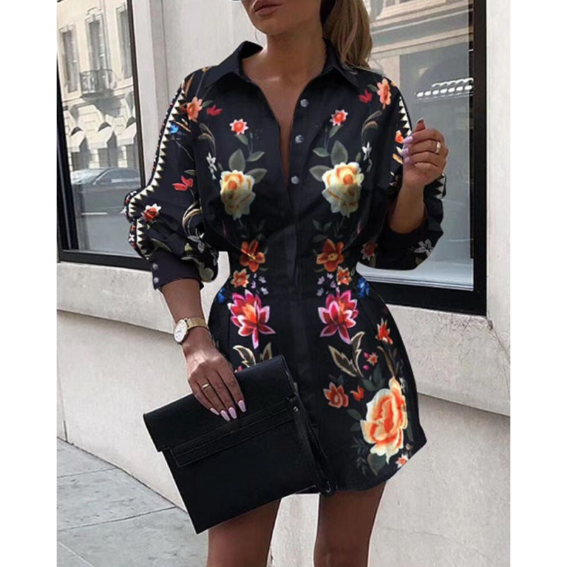 Damen Hemdblusenkleid mit floralem Druck und voluminösen Ärmeln Drune