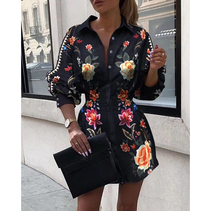 Damen Hemdblusenkleid mit floralem Druck und voluminösen Ärmeln Drune