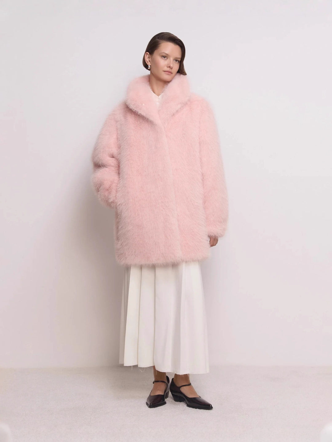 Damen Midilanger flauschiger Teddy-Kunstpelz‑Mantel mit stehendem Schalkragen Drune