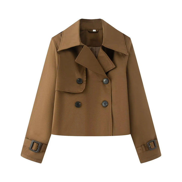 Damen nan kurz geschnittener Cropped Trenchcoat mit doppelreihiger Knopfleiste und verstellbaren Ärmelriemen Drune