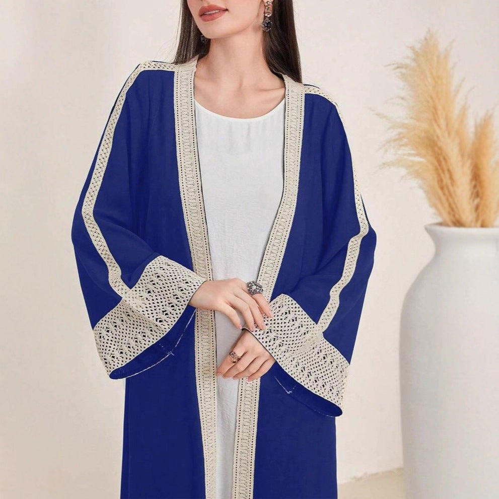 Damen Langes Open‑Front Kaftan‑Mantel mit Häkelspitzenbesatz Drune