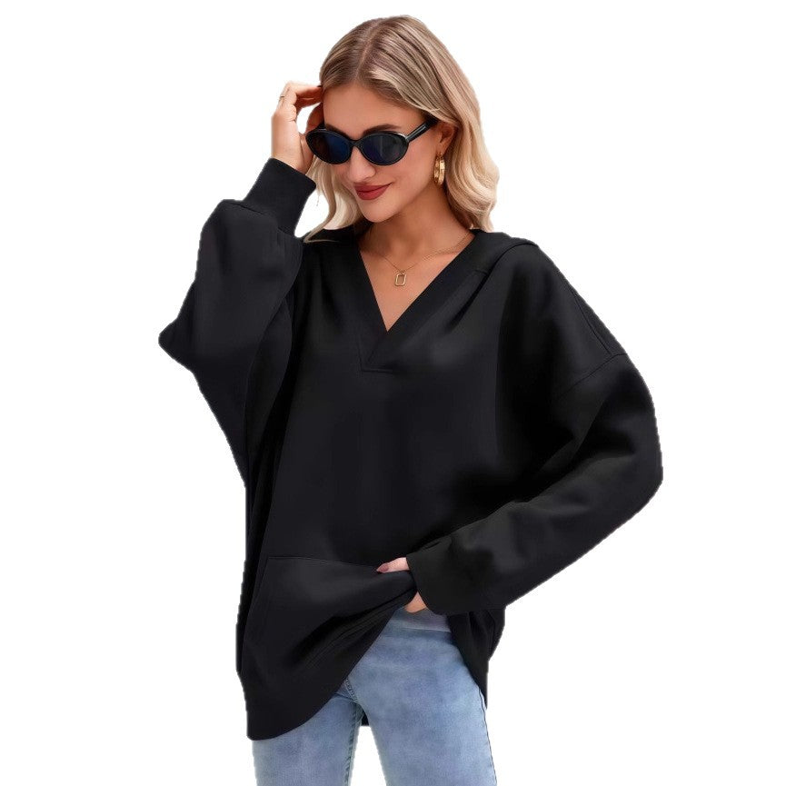 Damen Oversize V-Ausschnitt Hoodie mit Kapuze, Kängurutasche und verlängertem Saum Drune