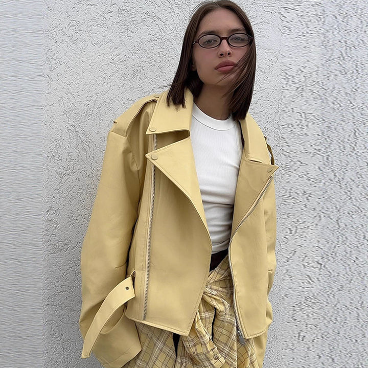 Damen Oversize-Bikerjacke aus veganem Lederimitat mit großem Revers und Taillengürtel Drune