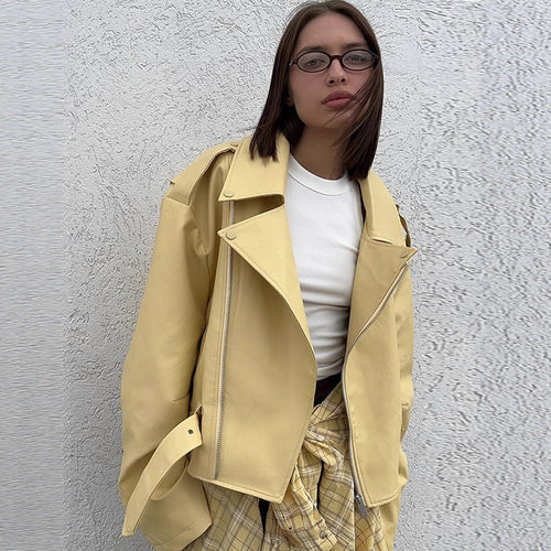 Damen Oversize-Bikerjacke aus veganem Lederimitat mit großem Revers und Taillengürtel Drune
