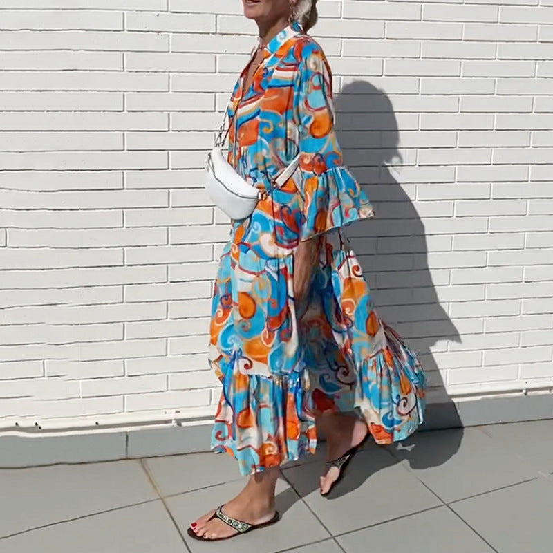Damen nan luftiges Maxikleid mit Aquarellprint, V‑Ausschnitt, halber Knopfleiste und Stufenrock Drune