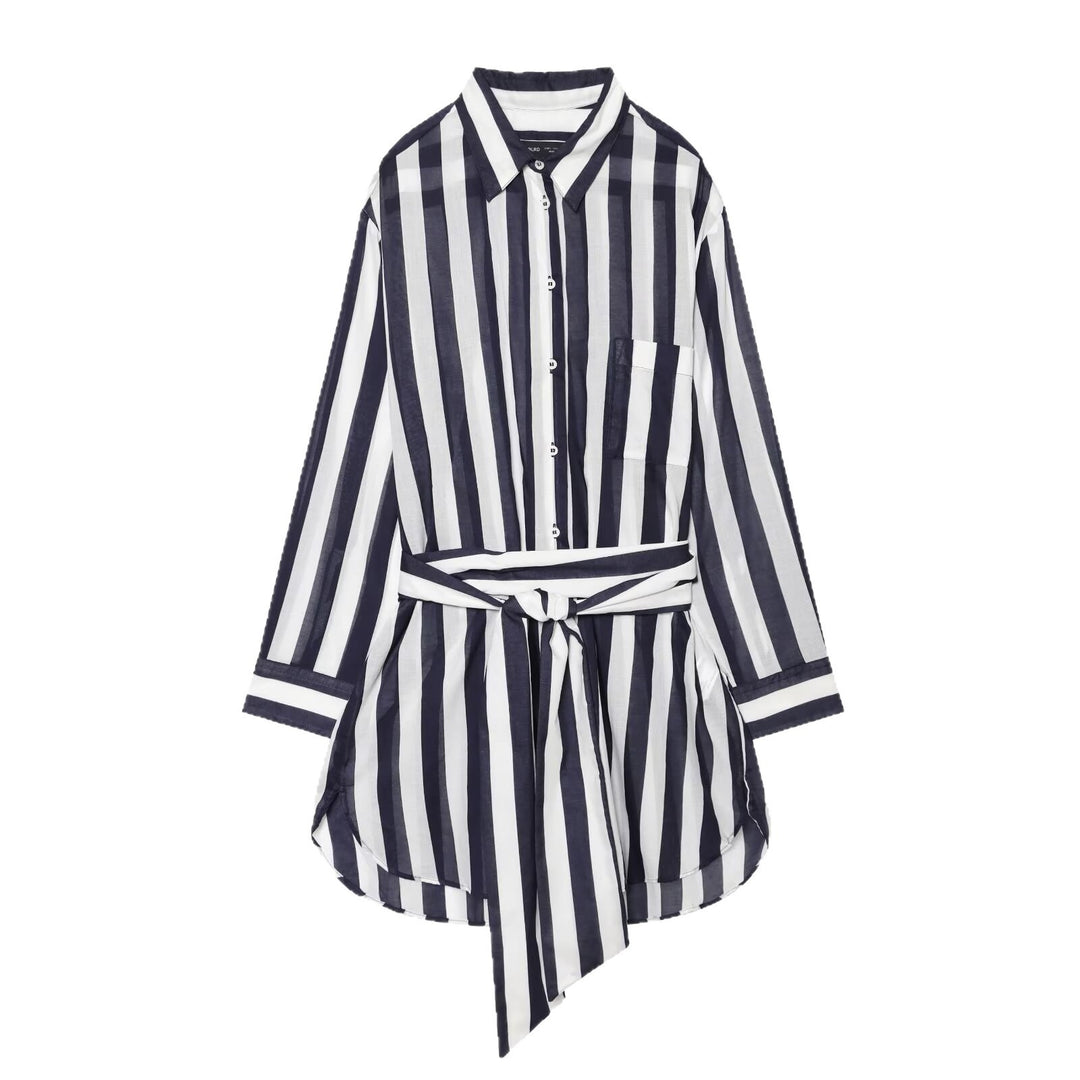 Damen Gestreiftes Hemdblusenkleid mit Bindegürtel und Oversize-Silhouette Drune