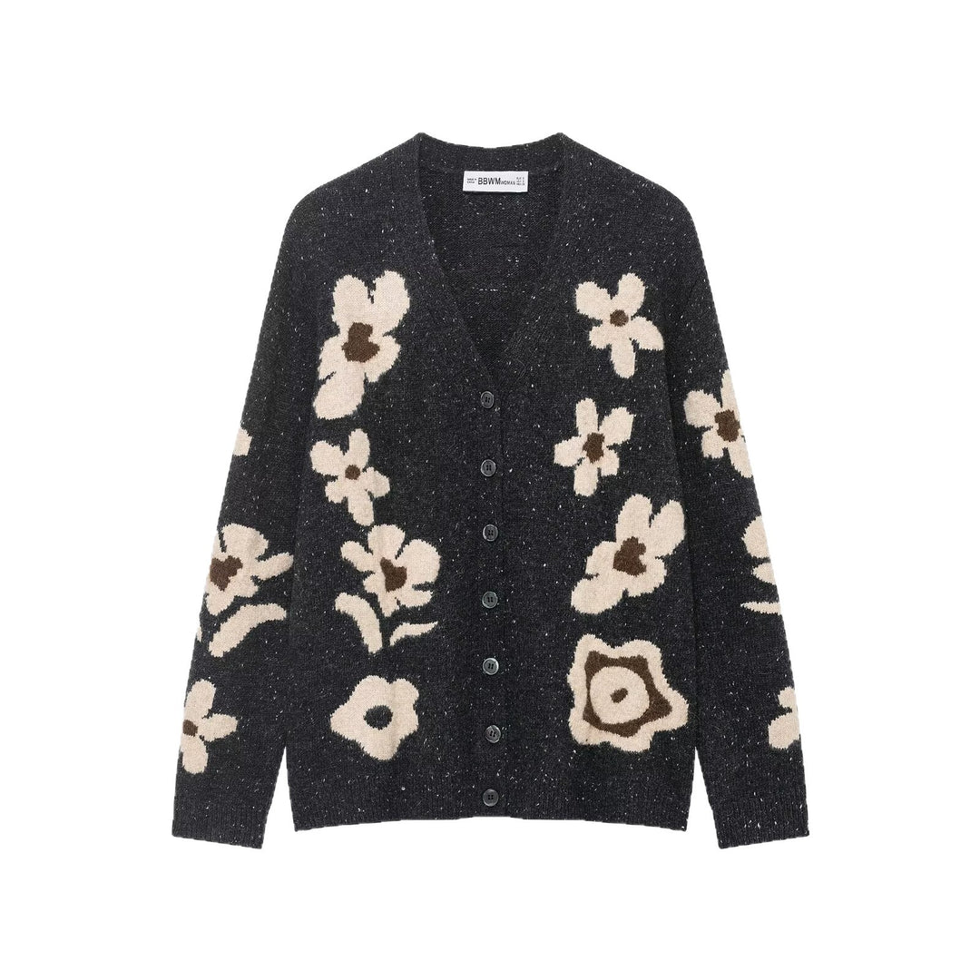 Damen Kurze Strickjacke mit Leopardenmuster und Perlenblütenknöpfen Drune