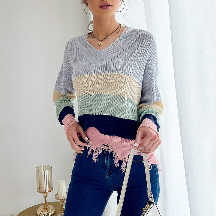 Damen Oversize Strickpullover mit V‑Ausschnitt, Streifenmuster und ausgefranstem Saum Drune