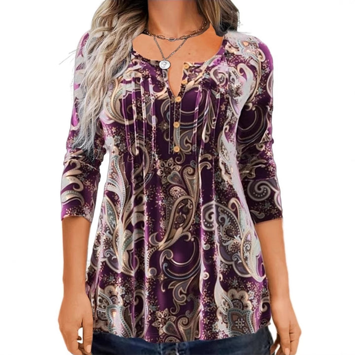 Damen Paisley Tunika mit 3/4 Ärmeln, Falten und Knopfblende Drune