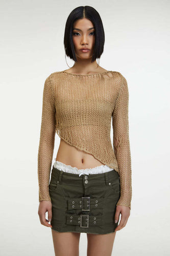 Damen luftiges Strickoberteil mit fransigen Details und asymmetrischem Schnitt Drune
