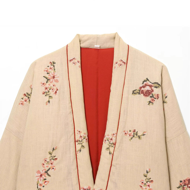 Damen nan bestickte Kimono-Jacke mit floraler Stickerei, Kontrastfutter und Bindegürtel Drune