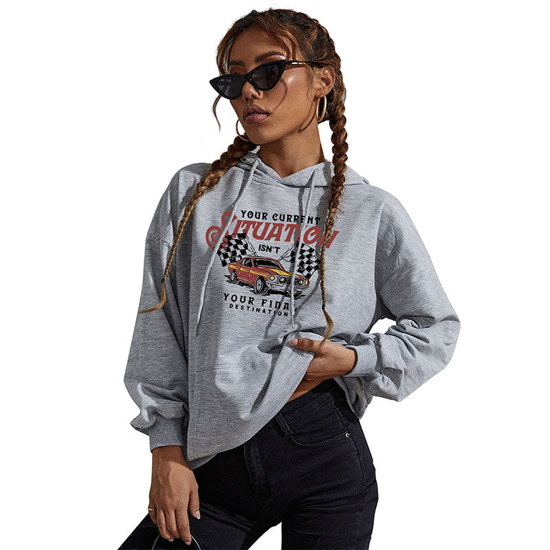 Damen Oversize-Kapuzenpullover mit Vintage-Racer-Print, Kängurutasche und geripptem Saum Drune