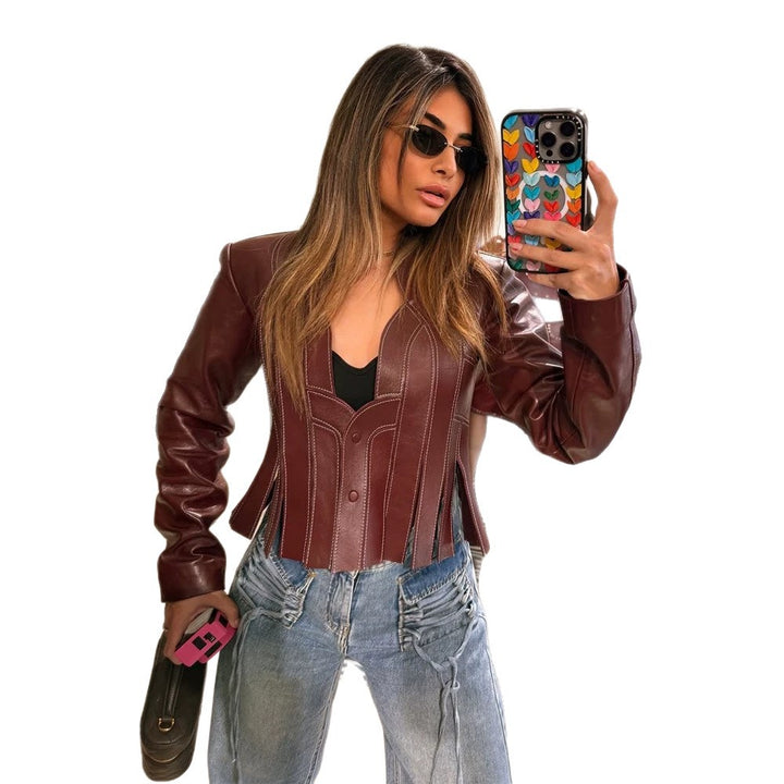Damen Kurzer taillierter Blazer aus Lederimitat mit Korsett‑Partien Drune