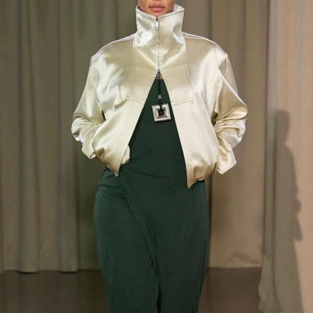 Damen Oversized Satin-Bomberjacke mit hohem Stehkragen, Halbreißverschluss und Gummizugsaum Drune