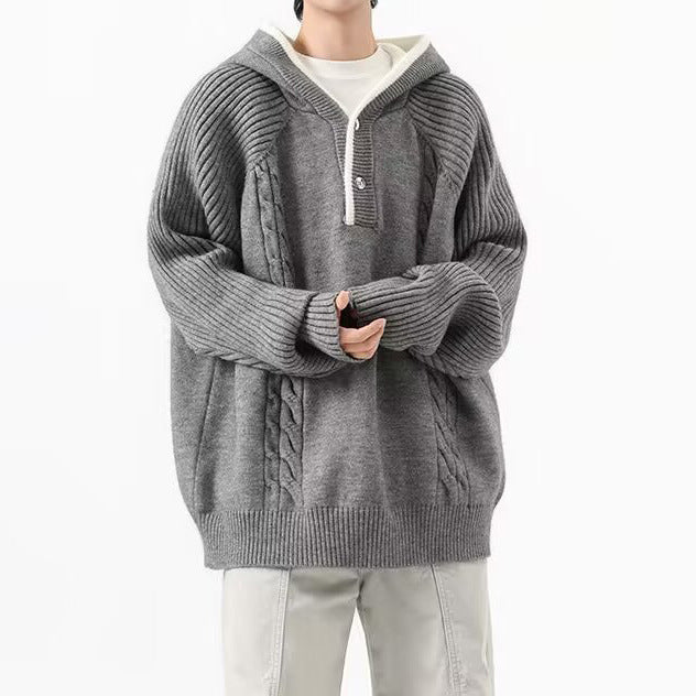 Herren Grobstrickpullover mit Kapuze und Knopfleiste Drune