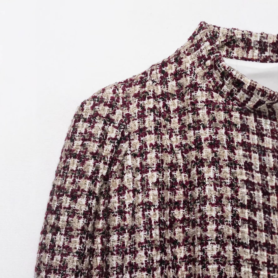 Damen Kurz geschnittener Bouclé‑Tweed‑Blazer mit Stehkragen und Fellmanschetten Drune
