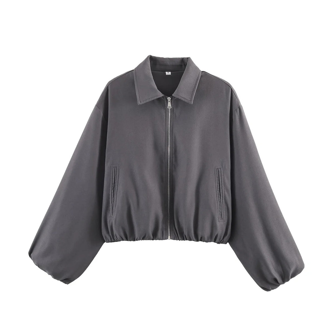 Damen nan Cropped Bomberjacke mit durchgehendem Reißverschluss, weitem Ballonärmeln und elastischem Saum Drune