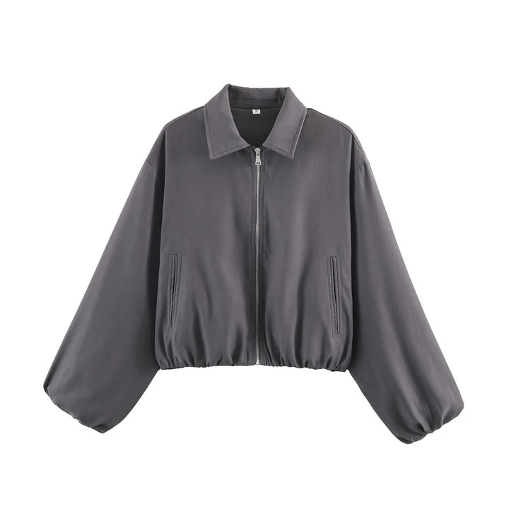Damen nan Cropped Bomberjacke mit durchgehendem Reißverschluss, weitem Ballonärmeln und elastischem Saum Drune