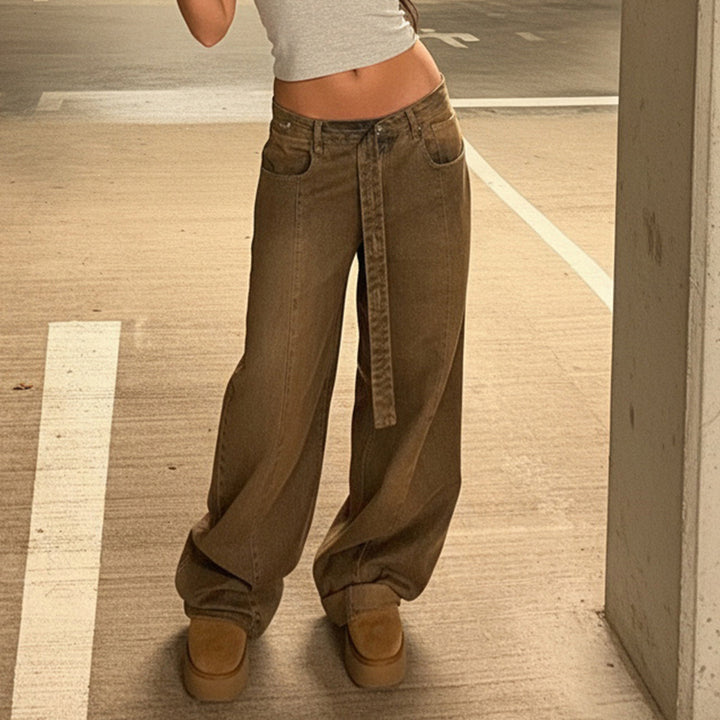 Damen Hochtaillierte weite Denim-Hose mit breitem Bindegürtel Drune