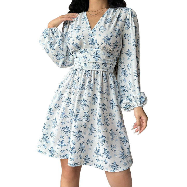 Damen florales Wickelkleid mit langen Ärmeln Drune