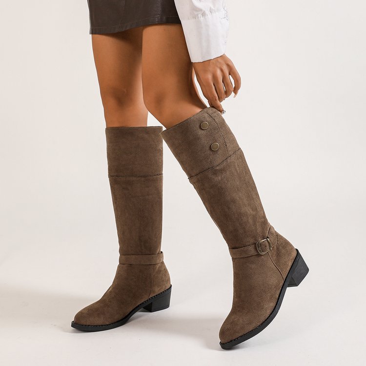 Damen kniehohe Velourslederstiefel mit niedrigem Blockabsatz und Zierriemen Drune