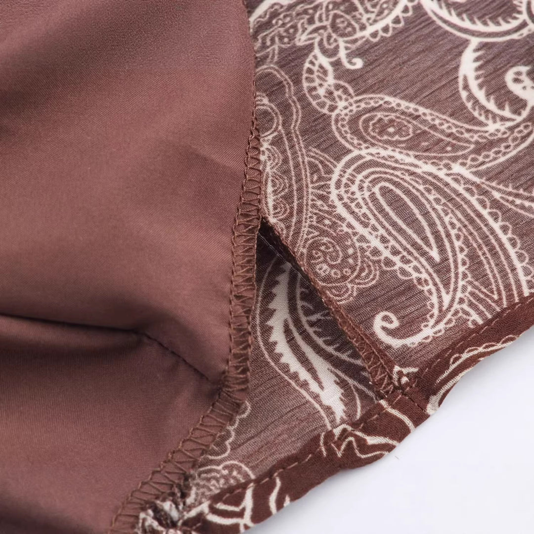 Damen Asymmetrisches Paisley‑Chiffon‑Minikleid mit Ballonärmeln und Taillengürtel Drune